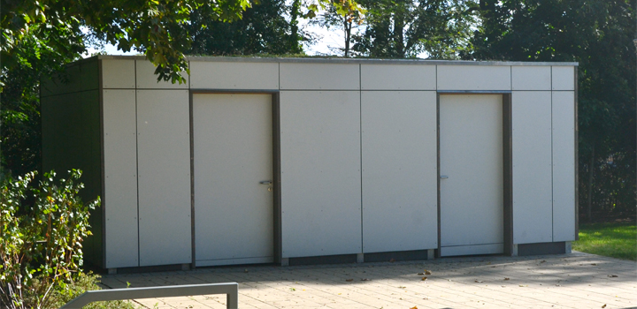 Gerätehaus Pia: farbenfroher Kubus Fassadenplatten HPL - Schulhofmöbel Ney