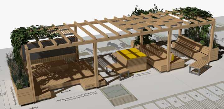 Mobile Sitzlandschaft mit Holzmöbeln und Pergola
