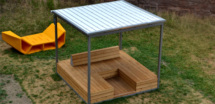 mobiler Stadtpavillon Cub Sitzlandschaft Schattendach demontierbar für den Umzug an weitere Standorte - Schulhofmöbel Ney