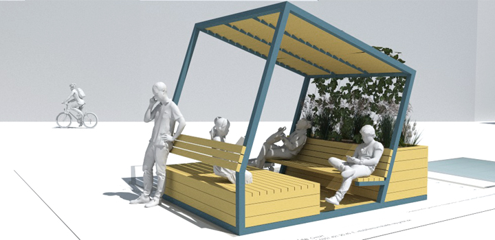 mobiler Stadtpavillon Cub Sitzlandschaft Schattendach demontierbar für den Umzug an weitere Standorte - Schulhofmöbel Ney