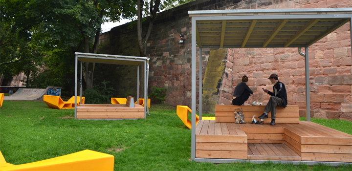 mobiler Stadtpavillons Cube Sitzlandschaft Schattendach demontierbar Schulhofmoebel Ney