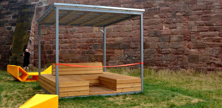 mobiler Stadtpavillons Cube Sitzlandschaft Schattendach demontierbar Schulhofmöbel Ney