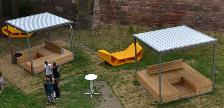 mobiler Stadtpavillons Cube Sitzlandschaft Schattendach demontierbar Schulhofmöbel Ney