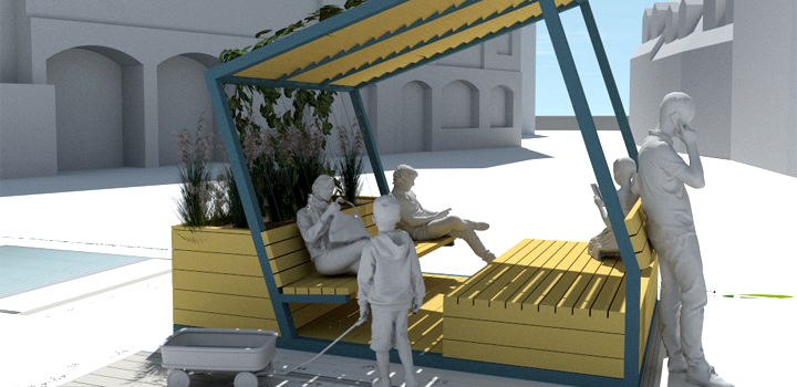 mobiler Stadtpavillons Cube Sitzlandschaft Schattendach demontierbar Schulhofmöbel Ney