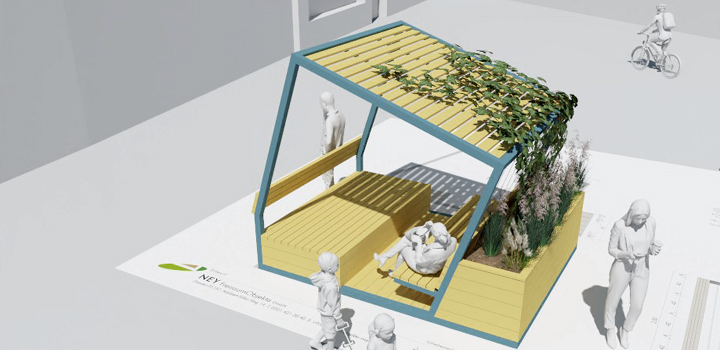 mobiler Stadtpavillons Cube Sitzlandschaft Schattendach demontierbar Schulhofmöbel Ney
