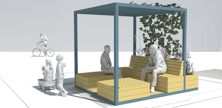 mobiler Stadtpavillons Cube Sitzlandschaft Schattendach demontierbar Schulhofmöbel Ney