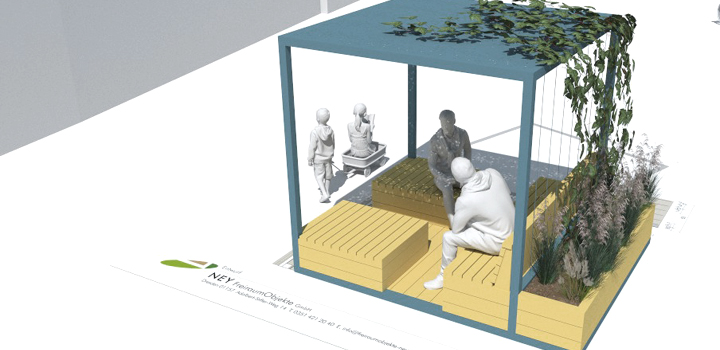 mobiler Stadtpavillons Cube Sitzlandschaft Schattendach demontierbar Schulhofmöbel Ney
